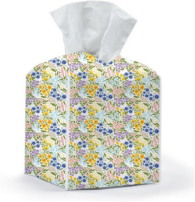 Tissue Box Cover, Tissue Box Holder, Square with Belt Bottom, PU Leather Decorative Organizer for Desk, Tabletop, Bathroom, Toilet Car, Office, Dresser Bedside Night Stand, Aesthetic Floral Decor