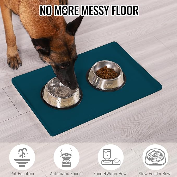 MateeyLife Dog & Cat Food Water Mat for Floors Waterproof, Nonslip Pets Bowl Feeding Mats with Raised Edges, Silicone Matt Tray for Messy Drinkers, 18"x12", Navy