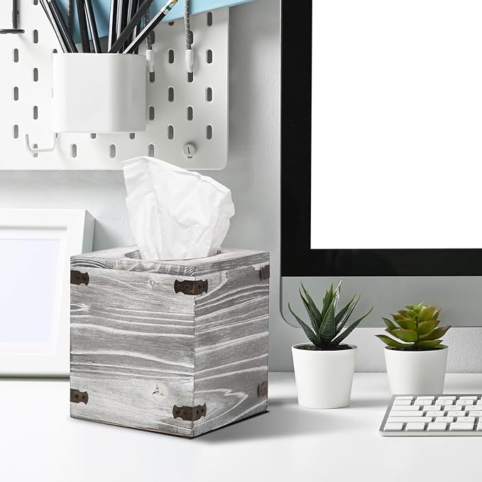 Distressed Farmhouse Square Solid Wood Tissue Box Cover with Slide-Out Bottom Panel Honey Brown Tissue Box Holder for Bathroom Living Room Dining Room Bedroom Toilet (White Grayish)