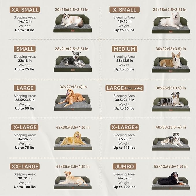 Large Dog Bed Orthopedic Washable: Orthopedic Dark Green Dog beds for XXXLarge Size Dogs, Waterproof Washable Cover with Egg Foam Removable Bolster, pet beds for Large Dogs
