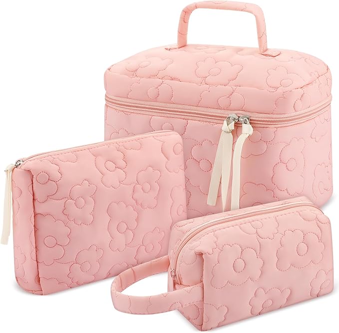 Paterr Makeup Bag Set 3 Pcs Large Quilted Cotton Make up Bags for Women Cosmetic Travel Toiletry Organizer Pouch Cute Aesthetic Storage Purse(Pink,Pink Flower)