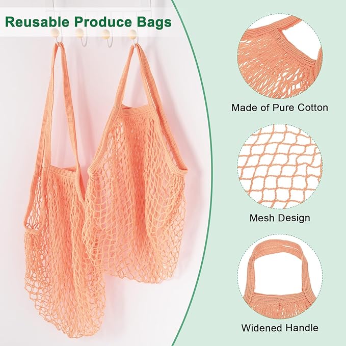 M METERXITY 2-Pack Cotton Mesh Bag, Reusable Washable Mesh Net String Grocery Bags, Reusable Produce Bags with Handle, Net Tote Bag for Fruits Shopping [Pink Brown, Long&Short Handle]