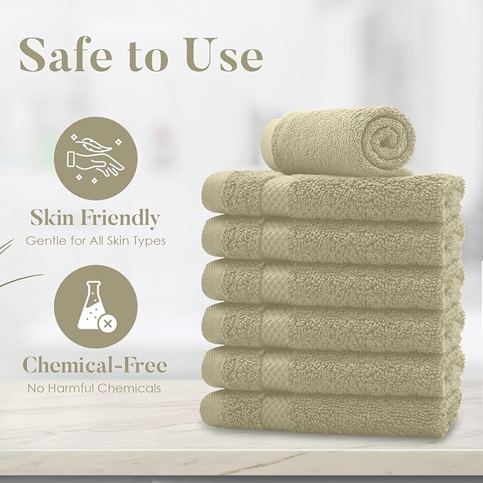 DAN RIVER 12-Pack Premium 100% Cotton Beige Face Towels for Bathroom - Reusable Face Wash Cloths for Showering 12x12 Inches - 550 GSM Super Soft & Absorbent Luxury WashCloths for Body, Spa & Gym