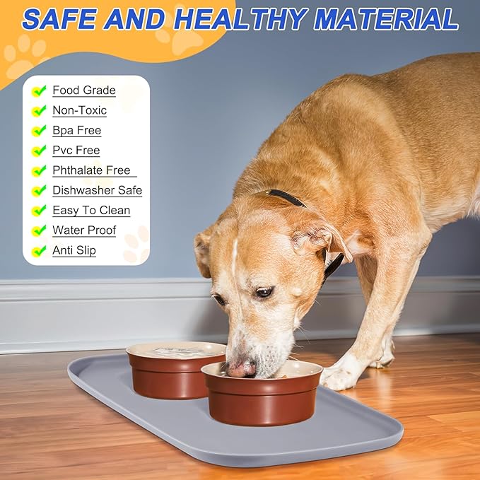 SMILOOL Silicone Pet Feeding Mat with Raised Edge for Food and Water, Dog Bowl Mats, Cat Bowls Placemat with High Lip for Floor Waterproof, Rubber Tray for Cats and Dogs 24 x 16 x0.8 Light Gray