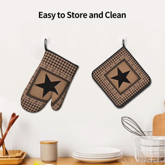 Western Oven Mitts and Hot Pads Set of 2 Texas Star Heat Resistant Non-Slip Cooking Oven Gloves Pan Mat Primitive Decorative Kitchen Accessories for Chef Baking Grilling