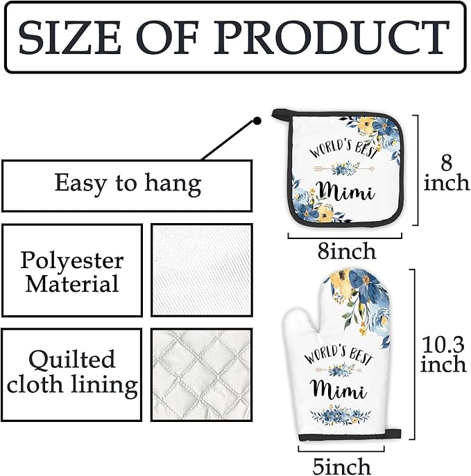 Mimi Gifts Oven Mitts and Pot Holders Sets, Gifts for Mimi from Grandkids Kitchen Decor Accessories Sets, World’s BestMimi Heat Resistant Oven Glove Potholders for Kitchen Cooking Baking BBQ