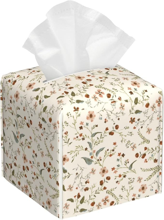 OHEGBXE Vintage Decorative Square Leather Tissue Box Holder Cover Facial Paper Organizer Dispenser for Bathroom, Vanity Countertop, Office Desk (Vintage Flowers and Plants)