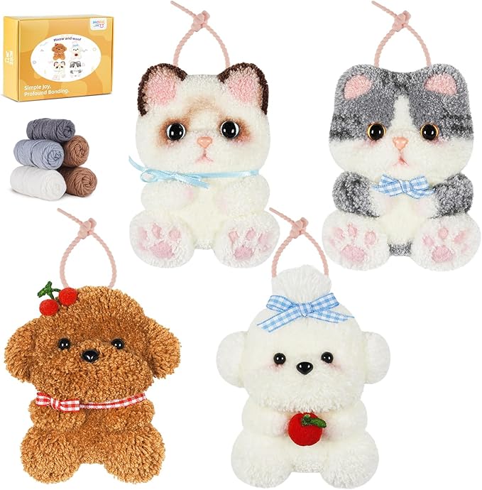 Punch Needle kit-4,Embroidery kit for Beginners,Punch Needle Kits Adults Beginner,Needles, Curved Scissors, a Tool Storage Box, Yarn, Easy-to-Follow Instructions, and Tutorial Videos(Cats and Dogs)
