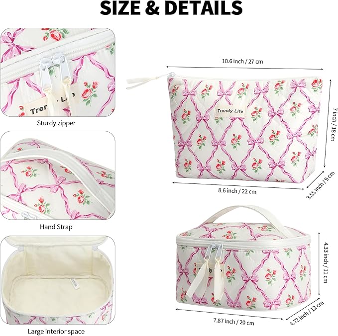 HAOGUAGUA 2 Pieces Makeup Bag, Small Large Quilted Cosmetic Bag, Travel Floral Make Up Toiletry Organizer Bag for Women Girls (2PCS STYLE B-4)