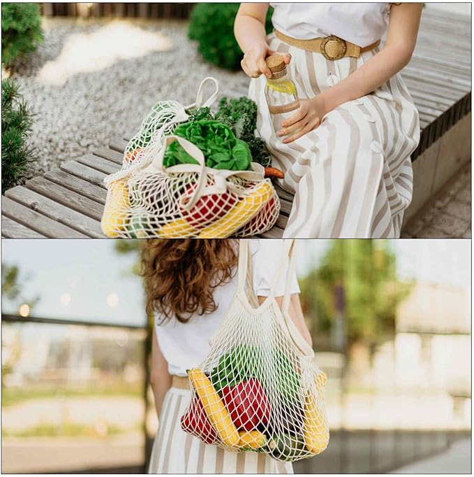 MECCANIXITY Cotton Mesh Bag Reusable Washable Mesh Net String Grocery Bags Organizer for Fruits Vegetables Shopping