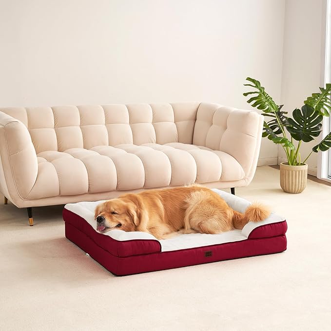 EHEYCIGA Orthopedic Dog Beds for Extra Large Dogs, Waterproof Memory Foam XXL Dog Bed with Sides, Non-Slip Bottom and Egg-Crate Foam Big Pet Couch Bed with Washable Removable Cover,Red