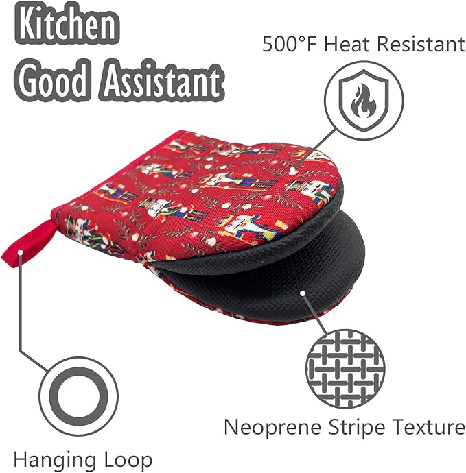 Christmas Nutcracker Toy Soldiers King Mini Silicone Oven Mitts, Heat Slip Resistant Kitchen Gloves 2-Pack Set, Soft Short Small Oven Mittens Pot Holders for Baking Grilling Barbecue Microwave Gift