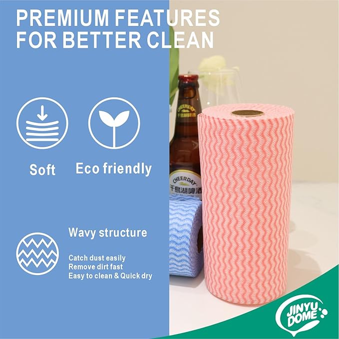 JINYUDOME Reusable Cleaning Cloths Disposable Cleaning Cloth Dish Cloth Dish Towels Dish Rags All Purpose Cloths on 2 Rolls Blue&Red -200 Pieces