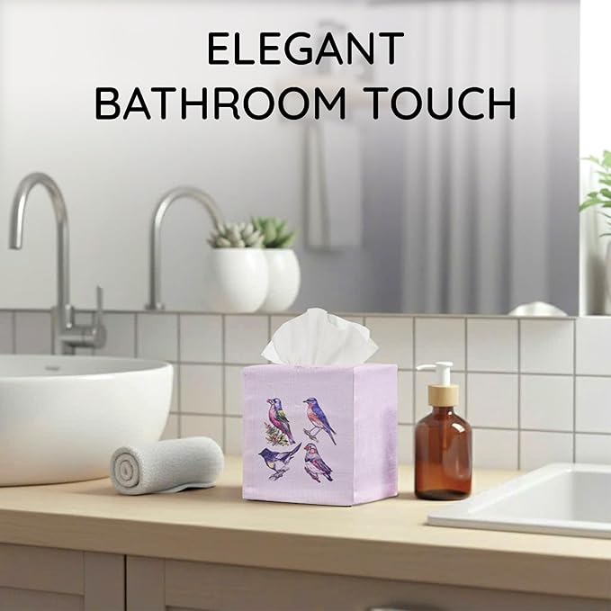 EmbroideryLinen.VN Tissue Box Cover Set of 2, Square Linen Tissue Holder, Printed Animal Pattern, 4.5x4.5x5.5 Inches, Decorative Holder for Bathroom, Living Room, Office (Four Birds)