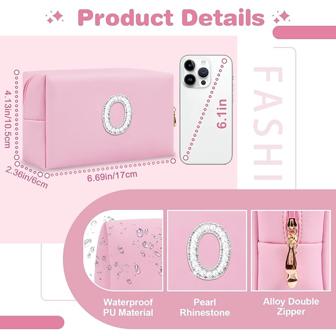 ChaoGreat Bride Gifts – Personalized Initial Makeup Bag with Pearl Rhinestone Patch, Preppy Pink Monogram Cosmetic/Toiletry Pouch, bridesmaid Gifts, Bridal Shower Gifts, Wedding Gifts, Bridal Gifts,O
