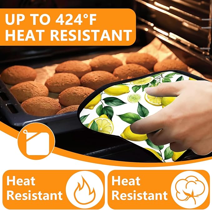 Lemon Oven Mitts and Pot Holders Sets 4Pcs,Extra Long Oven Gloves Potholder for Kitchen Cooking Baking BBQ 100% Cotton Heat Resistant