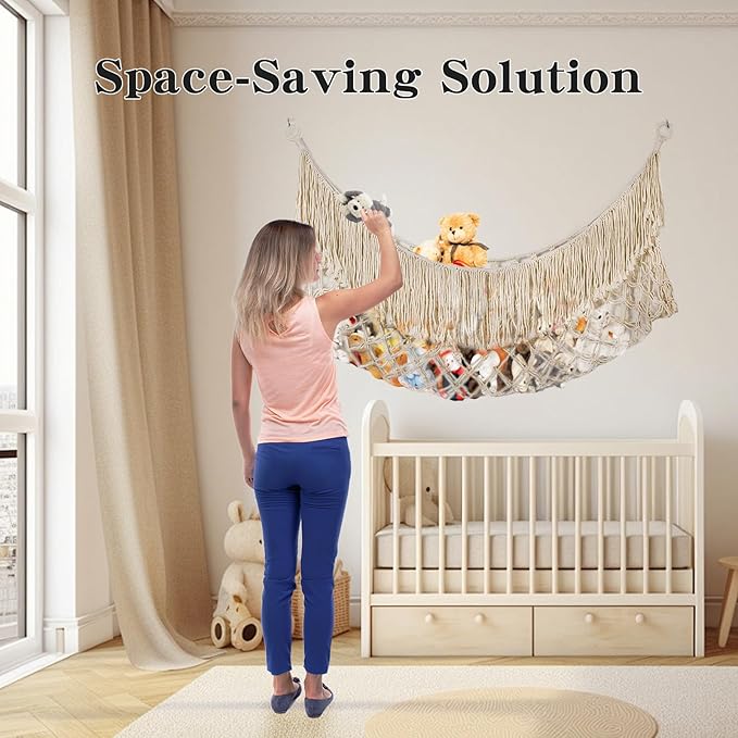 Cotton Stuffed Animal Storage,Stuffed Animal Hammock,Boho Stuffed Animal Net for Bedroom(Cream-Colored)