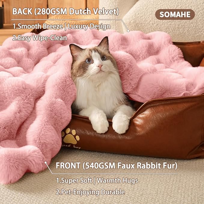 SOMAHE Self-Warming Cat Blanket for Indoor Cats & Small Dogs, Dual-Side Sherpa Plush Throw, Anti-Static Shared Couch Mat for Crate & Travel, Machine Washable No Shrink, 28x22 Inch Pink