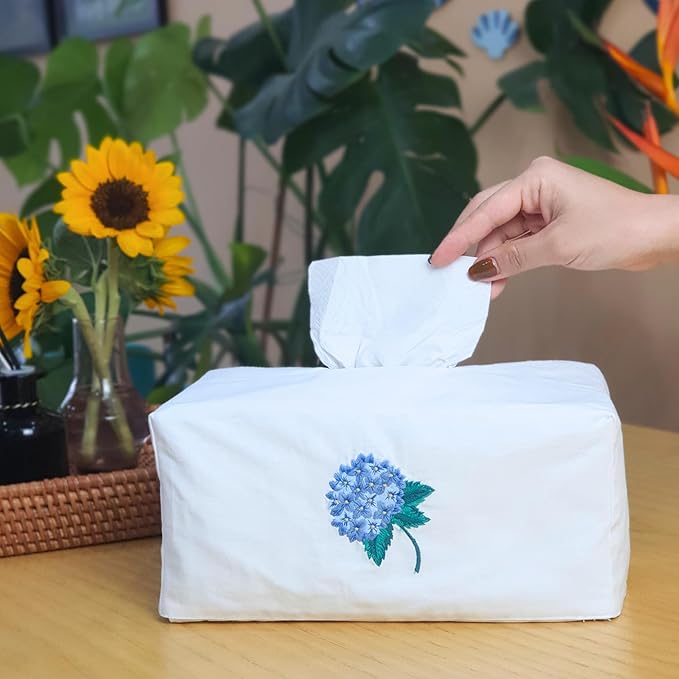 Fabric Tissue Box Cover Set of 2, Vintage Floral Embroidery Hydrangea Tissue Holder, Bouquet Wrapping Bag, Car Tissue Holder, Tissues Box Cover Rectangular 9.8"X5.9"X4.7", White Tissue Box Cover