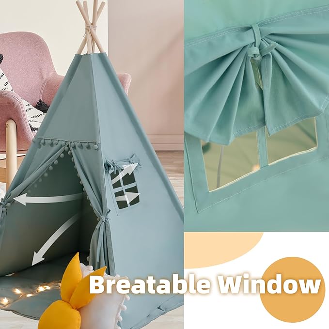 RONGFA Teepee Tent for Kids with Mat, Star Lights, Carry Case, Cotton Canvas Playhouse, Foldable Tents, Portable Children Play Tent Indoor Outdoor (Jewelry Blue)