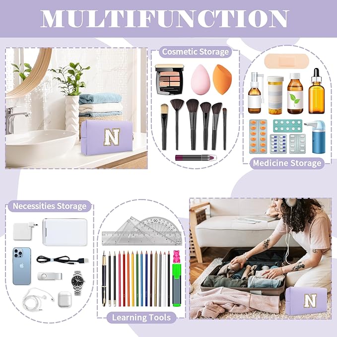 Personalized Makeup Bag Initial A-Z Preppy Patch Bag,Small PU Leather Travel Cosmetic Bag Pouch with Zipper,Purple Cute Toiletry Bag,Gift Ideal for Teen Girls Women Birthday Friend Mom,Latter N