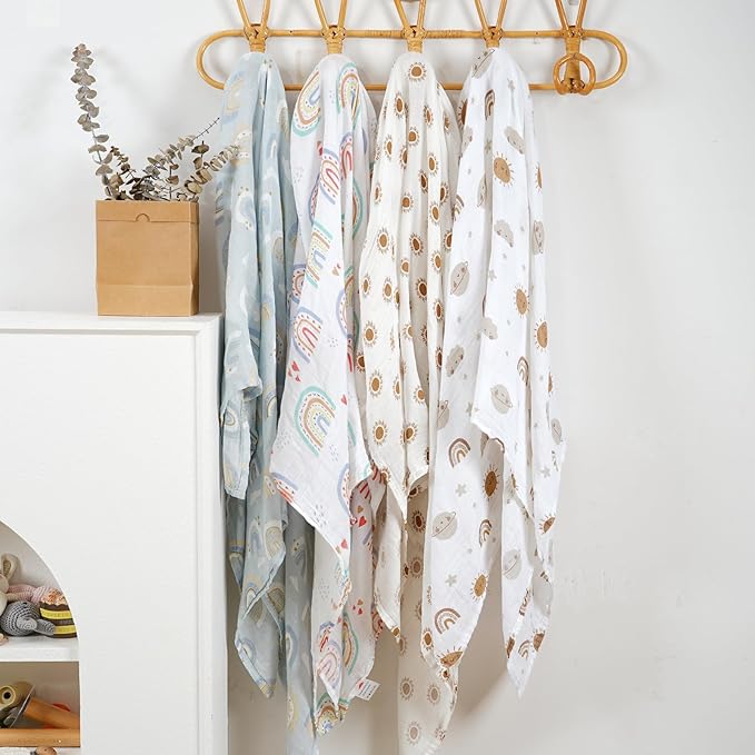CoolaPeach 4 Set Muslin Swaddle Blankets for Newborn Baby Boys, Girls,Receiving Blankets-Cute Soft Print Baby Towel Wrap 120x110cm Baby(Rainbow)