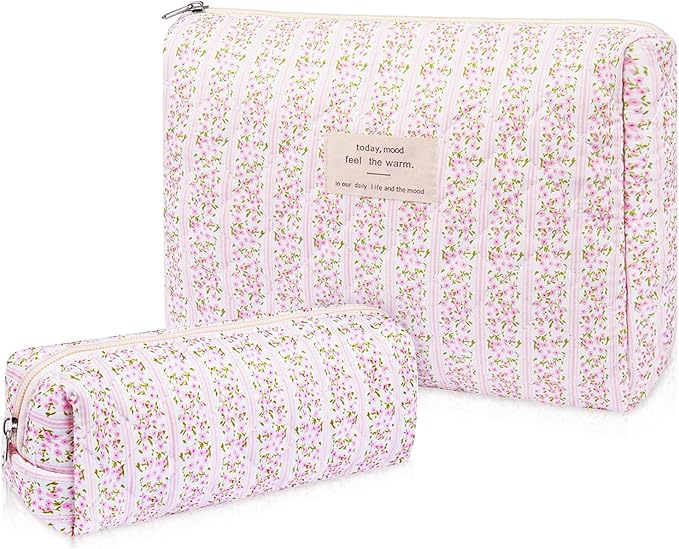 Gosect 2PC Makeup Bag Set, Cute Cosmetic Bag for Women Girls, Floral Coquette Aesthetic Toiletry Bag, Travel Make Up Organizer Bag (Pink Floral)