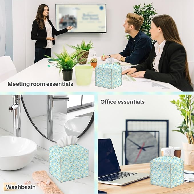 Tissue Box Cover, Tissue Box Holder, Square with Belt Bottom, PU Leather Decorative Organizer for Desk, Tabletop, Countertop Bathroom, Toilet Car, Office, Dresser Bedside, Aesthetic Wildflowers Decor
