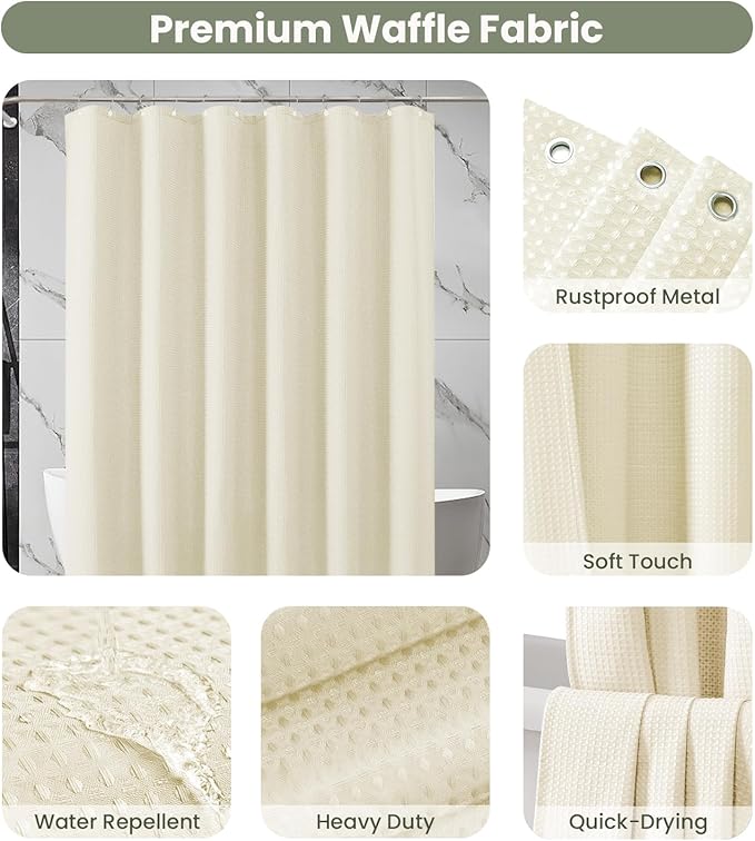 Inhousolu Fabric Shower Curtain Waffle Weave, 230 GSM Heavy Duty, Weighted Hem, 12 Metal Hooks, Water Repellent, Machine Washable, Hotel Spa Luxury Bath Curtain Set, 60 x 72 Inch, Ivory