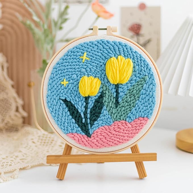 Woohome Punch Needle Kit Included Plastic Hoops, Punch Needle Cloth, Color Yarn and Punch Needle Tools for Adults, Beginners (Tulips and Sunflowers)