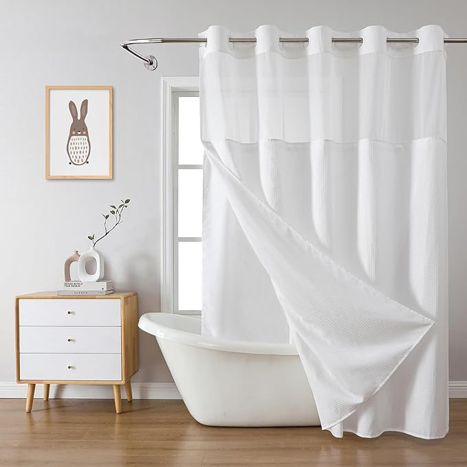 eachope White No Hook Waffle Weave Shower Curtain with snap-in Liner Replacement, 230GSM Waterproof Fabric Hotel Shower Curtain Set for Bathroom, Through Mesh Top Window,71Wx82H