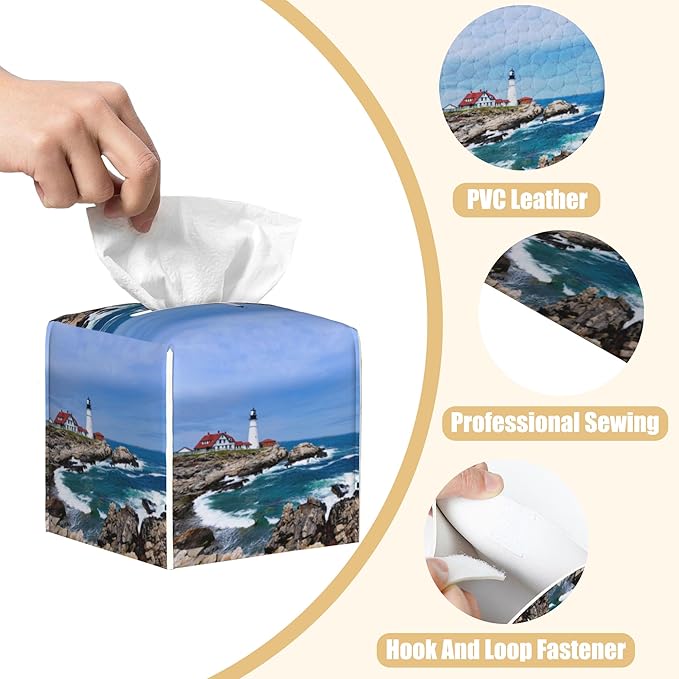 BLYKVGHQ Leather Tissue Box Holder Seaside Lighthouse Tissue Box Cover Facial Paper Case Organizer Cube Napkin Dispenser for Bathroom Vanity Countertop Night Stand Office Car