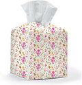 Tissue Box Cover, Tissue Box Holder, Square with Belt Bottom, PU Leather Decorative Organizer for Desk, Table, Countertop Bathroom, Toilet Car, Office, Dresser Bedside, Aesthetic Flowers Fruits Decor