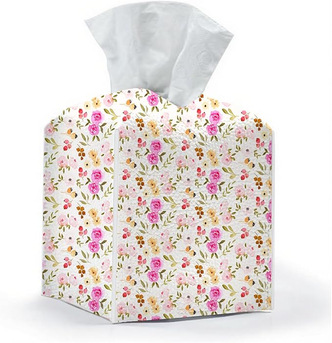 Tissue Box Cover, Tissue Box Holder, Square with Belt Bottom, PU Leather Decorative Organizer for Desk, Table, Countertop Bathroom, Toilet Car, Office, Dresser Bedside, Aesthetic Flowers Fruits Decor