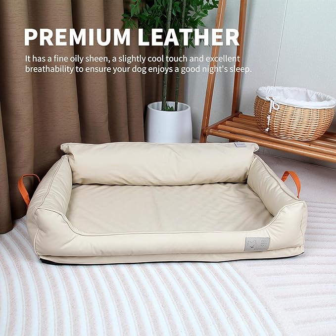 Removable Orthopedic Dog Beds for Large Dogs, Leather Memory Foam Dog Sofa Bed, Waterproof Durable Dogs Bed Couch with Non Skid Bottom for All Pet Sizes (Beige, Medium)