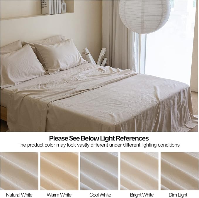 Simple&Opulence Belgian Linen Sheet Set Solid Color - 6 Pieces (1 Flat Sheet & 1 Fitted Sheet & 4 Pillowcases) 16" Deep Pocket Natural Flax Cotton Blended Soft Bedding - Linen, Queen Size