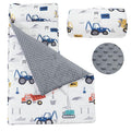 PHF Toddler Nap Mat with Removable Pillow and Minky Fleece Blanket, Rollup Design Warm Slumber Bags for Boys, 52"x20" Kids Sleeping Bag for Daycare Preschool Travel Camping, Truck and Digger