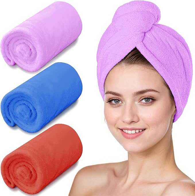 YHPDYL 3 Pack Microfiber Hair Towel Wrap for Women, Fast Drying Hair Turban with Button, Anti-Frizz Large Hair Towel for All Hair Styles, Soft & Absorbent Hair Drying Towel(Red,Bule,Purple)