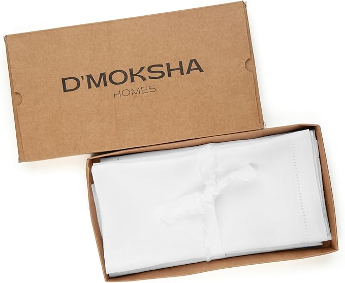 D'Moksha Homes White Linen Napkins Set of 6 - Classic Hemstitch 100% Pure Linen Hemstitch Dinner Napkins 20 x 20 Inch for Valentines, Spring, Easter - Handcrafted and Machine Washable