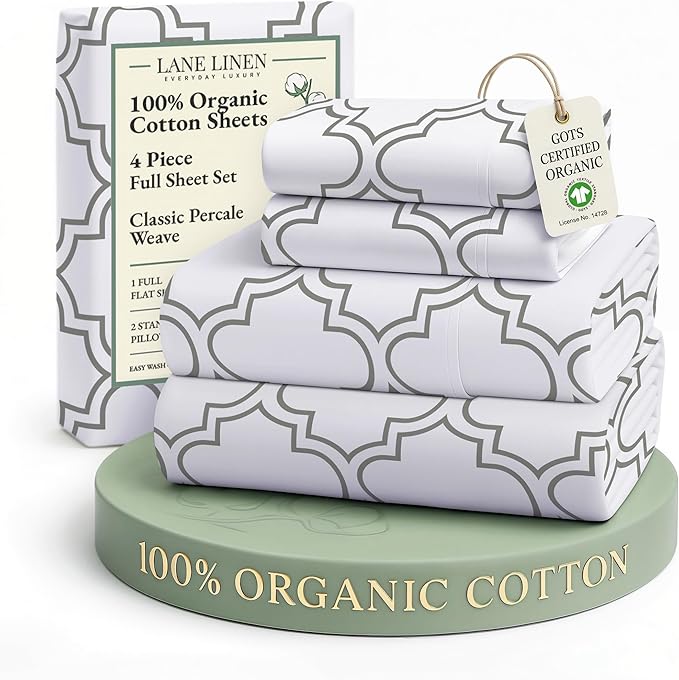 LANE LINEN 100% Organic Cotton Full Sheets Set Fully Elasticized Naturally Temperature Regulating Mercerized Cotton Printed Full Bedding & Pillowcases Set - Trellis