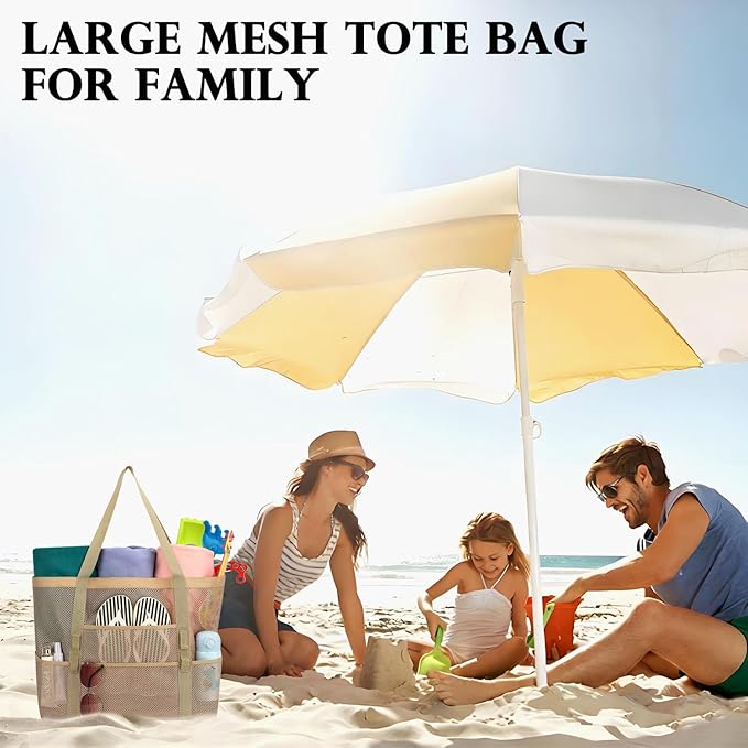 Fammart Mesh Beach Bag, Large Beach Tote with Zipper Pocket for Family Pool Bag for Toys & Vacation Essentials