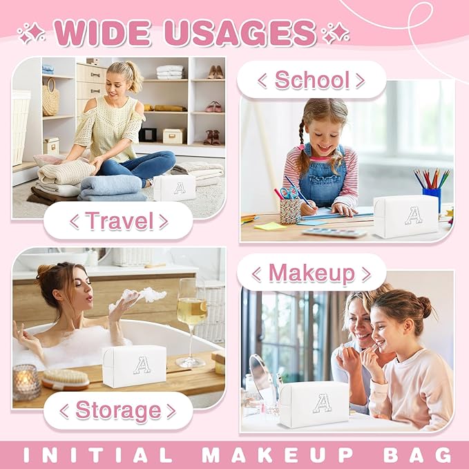 Bride Gifts – Personalized Initial Makeup Bag with Pearl Rhinestone Patch, Preppy White Monogram Cosmetic/Toiletry Pouch, bridesmaid Gifts, Bridal Shower Gifts, Wedding Gifts, Bridal Gifts,A