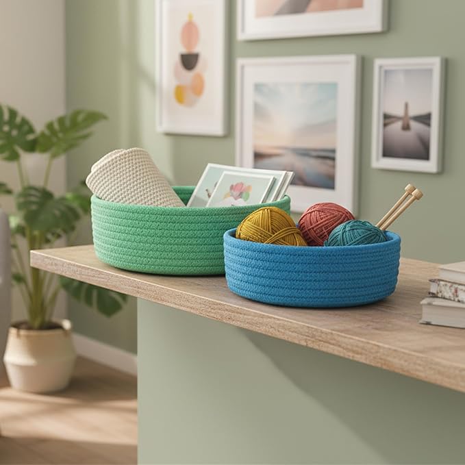 Small Storage Baskets for Shelves, 6 Pack Round Cotton Rope Basket for Organizing, Cute Colorful Decorative Woven Bins for Bedroom, Home Countertop Decor (Rainbow)
