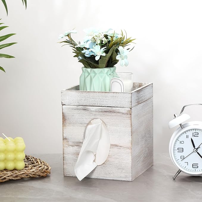 Tissue Box Cover, White Washed Solid Tissue Box Cover with Storage Tray Square Tissue Box Covers Holder for Bathroom, Bedroom, Dinner Table, Office, Tabletop 6" x 6" x 7.4"
