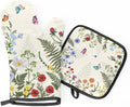 Floral Grass Oven Mitts and Pot Holders Sets 2Pcs - Heat Resistant Non Slip Long Spring Wildflower Kitchen Gloves Hot Pads for Cooking Baking Grilling Decoration