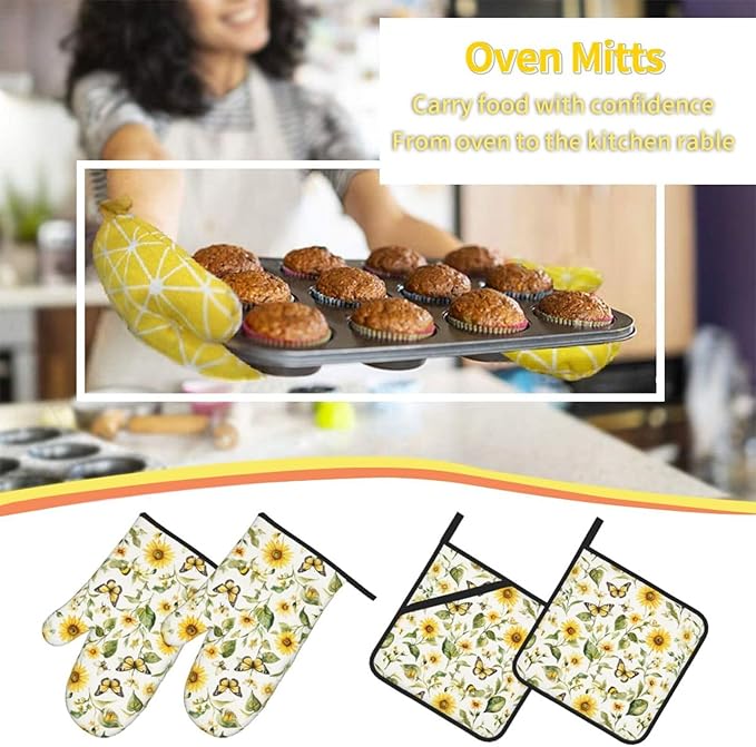 Oven Mitts and Pot Holders Sets of 4 Watercolor Sunflower Butterfly Kitchen Potholder Gloves Heat Resistant Non-Slip for Chef Baking Cooking Grilling BBQ Mittens