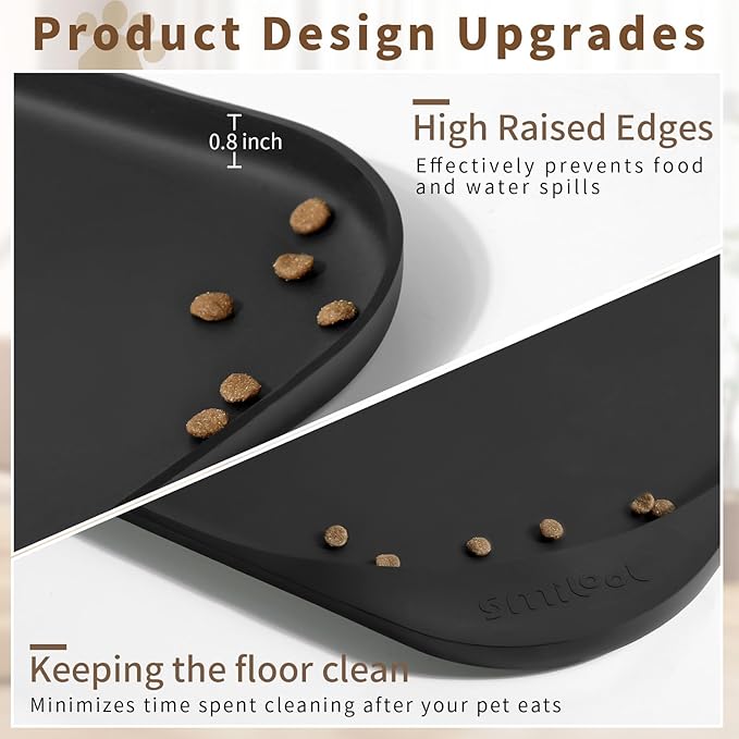 Smilool Silicone Pet Food Mat with Raised Edge for Food and Water Bowl, Dog Feeding Mats, Cat Food Trays for Floor Waterproof, Rubber Tray for Dogs and Cats, 22 x 14 x 0.8 Black