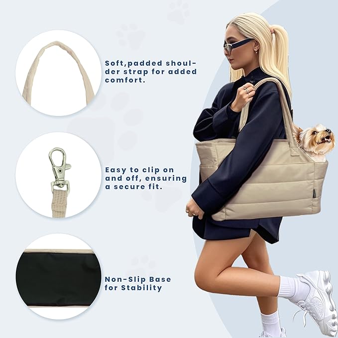 STRAODTIC Lightweight Dog Purse Carrier for Small Dogs Under 15 lbs, Puffy Quilted Pet Carrier Tote for Puppies with Safety Leash Clip, Women's Hands-Free Dog Carrier Bag for Travel/Shopping (Brown)
