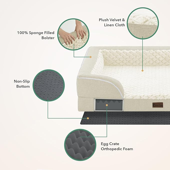 Casa Paw Orthopedic Dog Beds for Large Sized Dogs, Waterproof Memory Foam Large Pet Bed with Sides 36x27Inch, Non-Slip and Egg-Crate Foam Big Dog Couch Bed with Removable Washable Cover, Beige