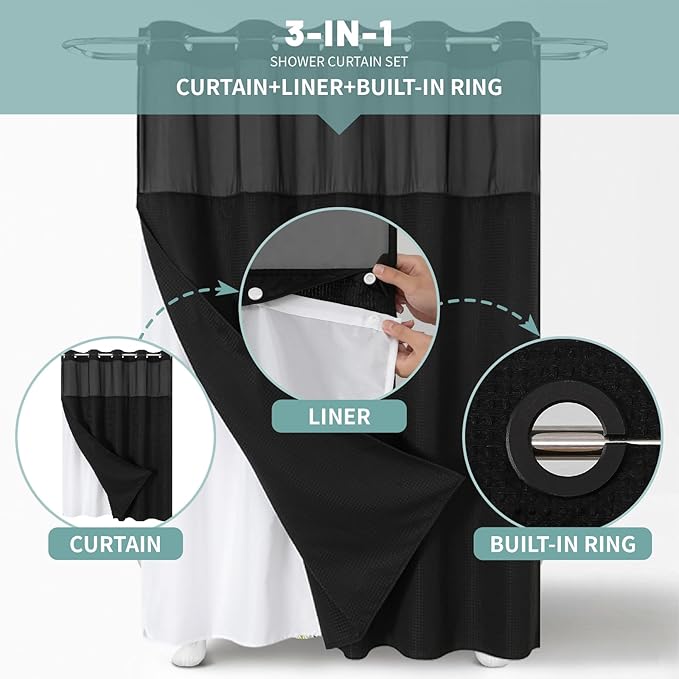 eachope Black No Hook Waffle Weave Shower Curtain with snap-in Liner Replacement, 230GSM Waterproof Fabric Hotel Shower Curtain Set for Bathroom, Through Mesh Top Window,71Wx74H